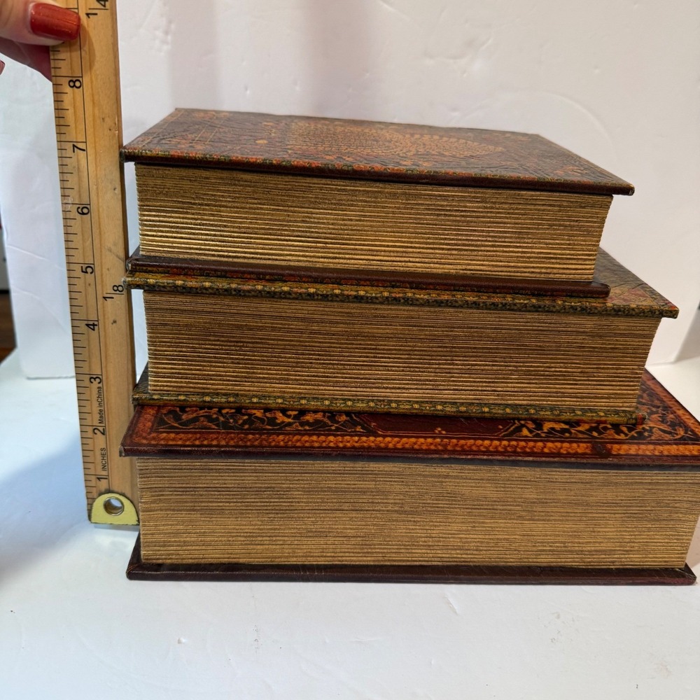 Vintage Style Faux Book Storage Box Set of 3 Nesting Tooled Leather Look Decor - Picture 3 of 12